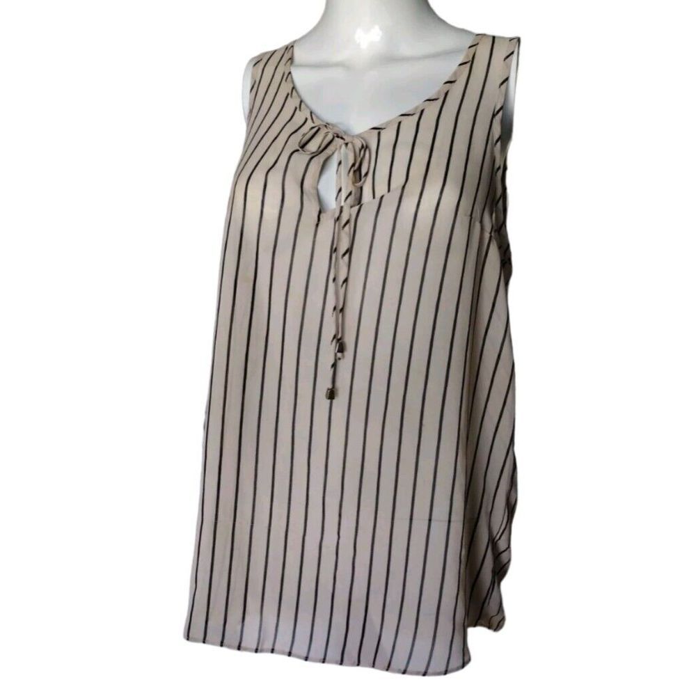 DNA Couture Blouse Women L Black Beige Stripe Sleeveless Notch-Ties-Neck Chiffon